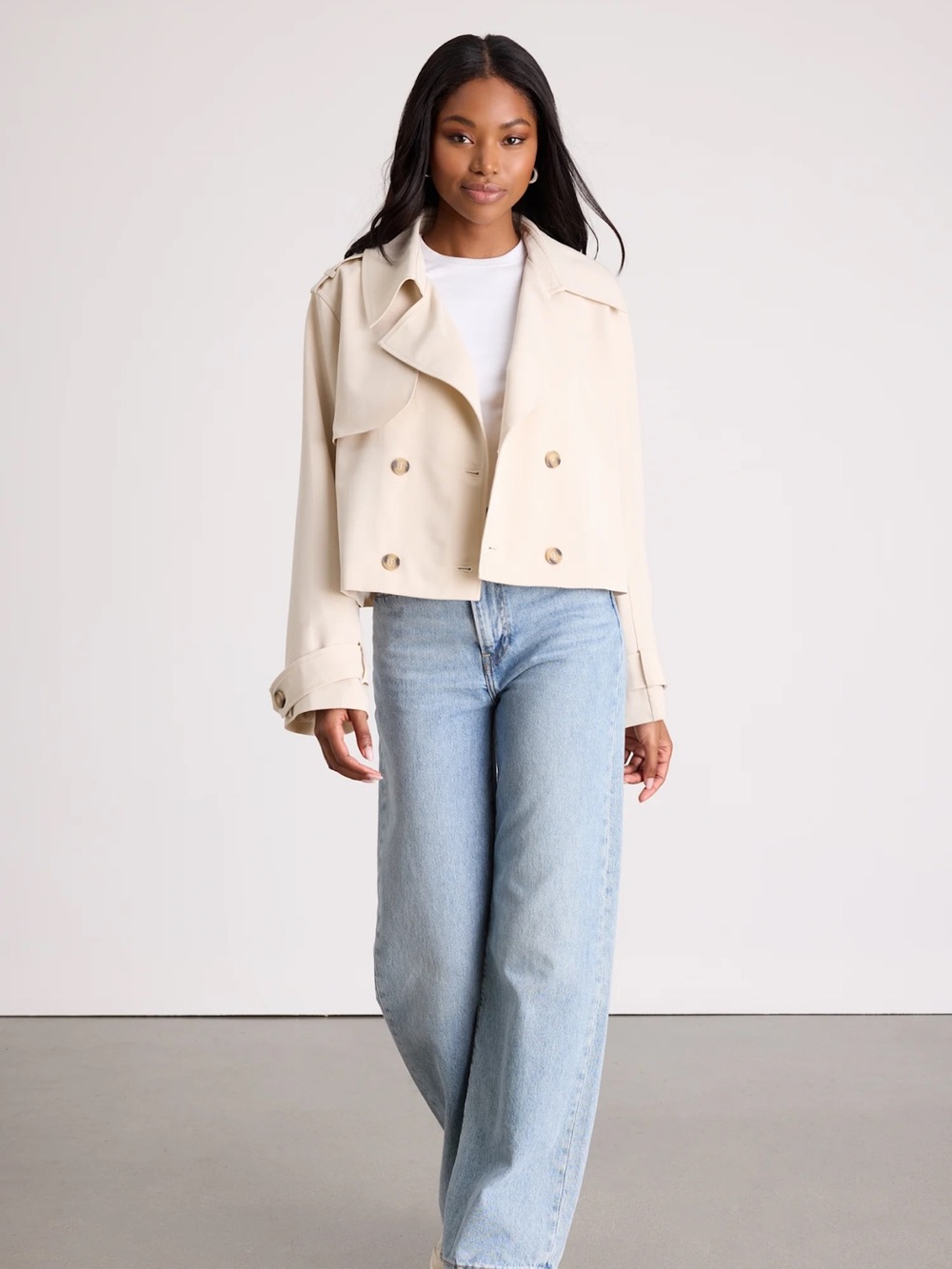 Light Beige Double-Breasted Cropped Trench Coat